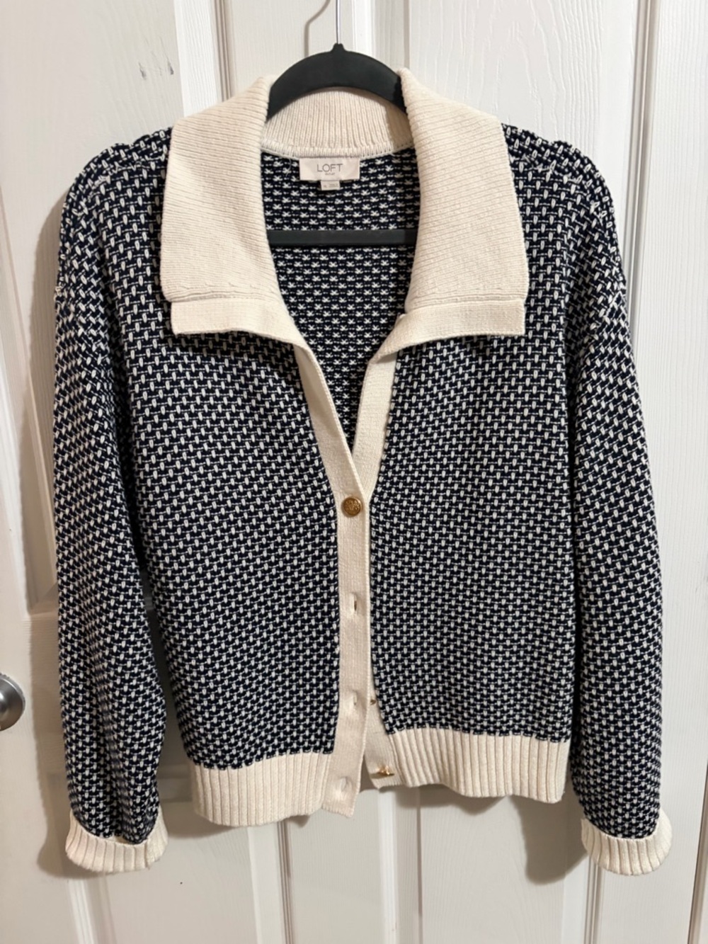 LOFT Navy and Cream Textured Collared Cardigan